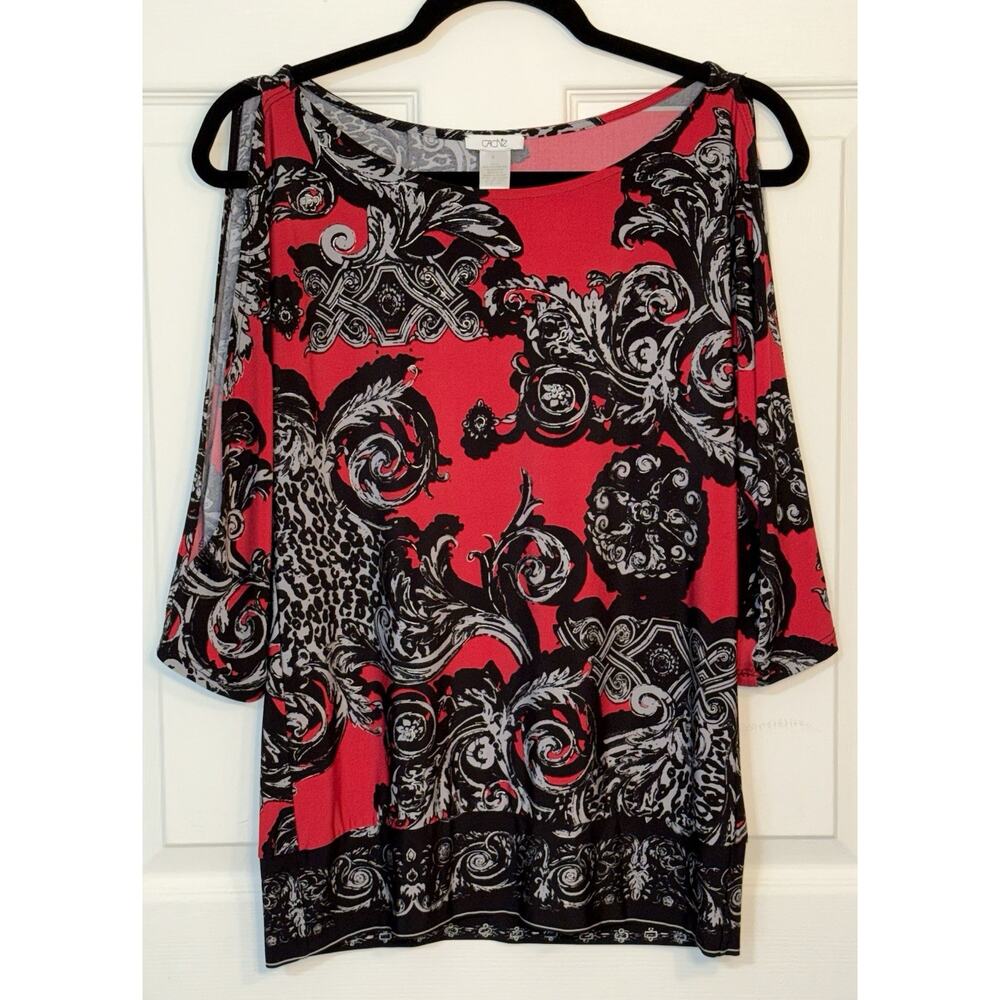 Cache Red & Black Versailles‎ Pattern Tunic Top Blouse Split 3/4 Sleeves (Small)